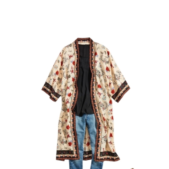 Chelsea and Violet Tan Black Multicolor Floral Long Kimono Size Small - Picture 2 of 9